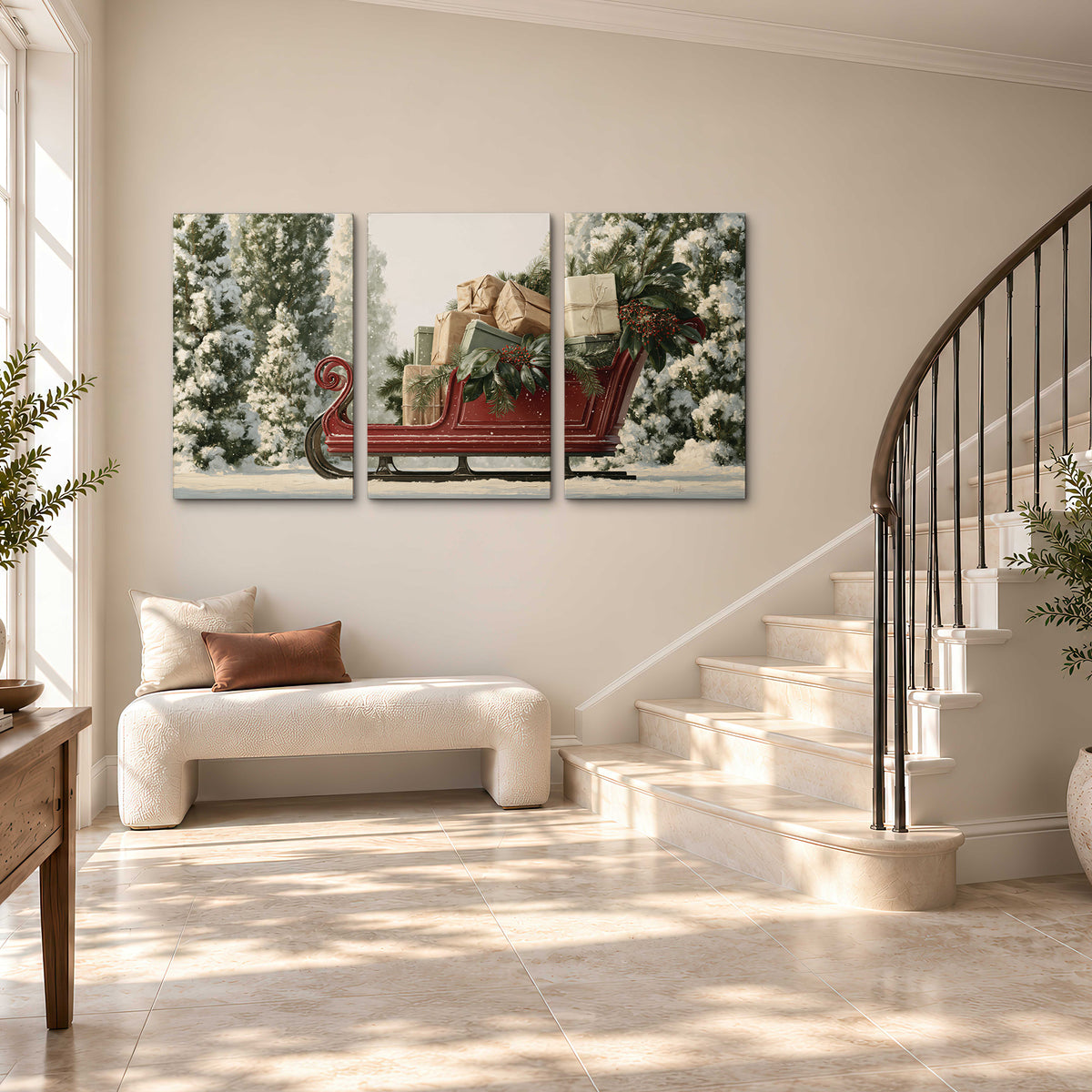 A red sleigh filled with wrapped gifts and evergreen branches among snowy fir trees 3 piece canvas wall art styled in an interior
