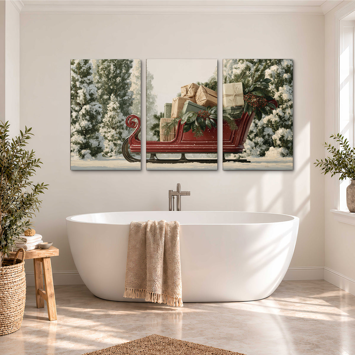 A red sleigh filled with wrapped gifts and evergreen branches among snowy fir trees 3 piece canvas wall art styled in an interior