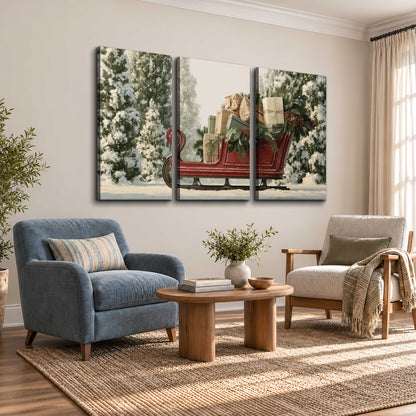 A red sleigh filled with wrapped gifts and evergreen branches among snowy fir trees 3 piece canvas wall art styled in an interior