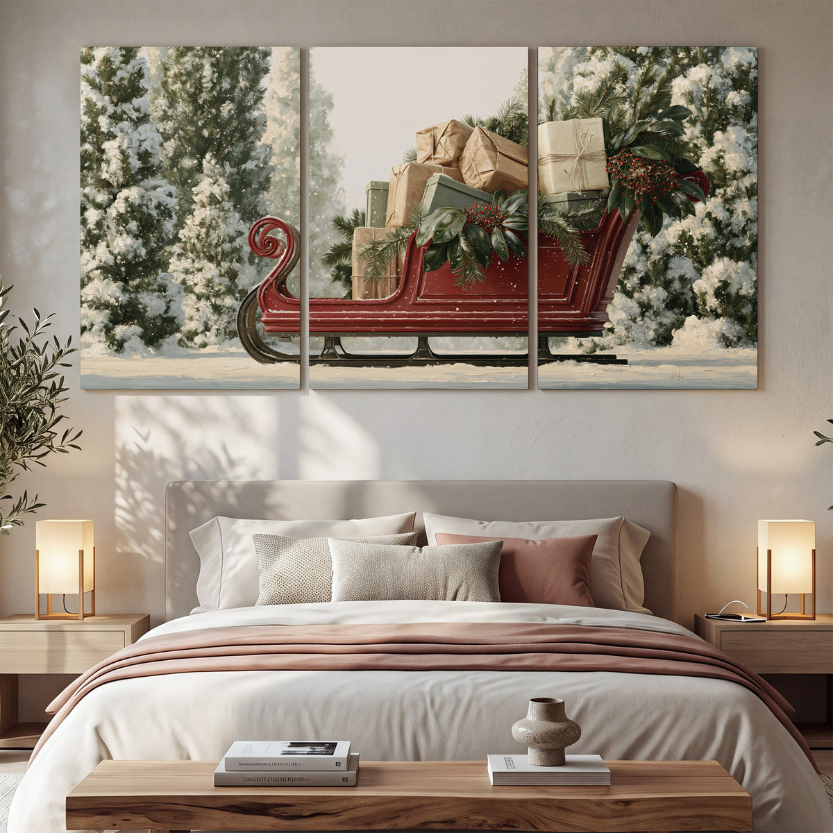 A red sleigh filled with wrapped gifts and evergreen branches among snowy fir trees 3 piece canvas wall art displayed in a bedroom