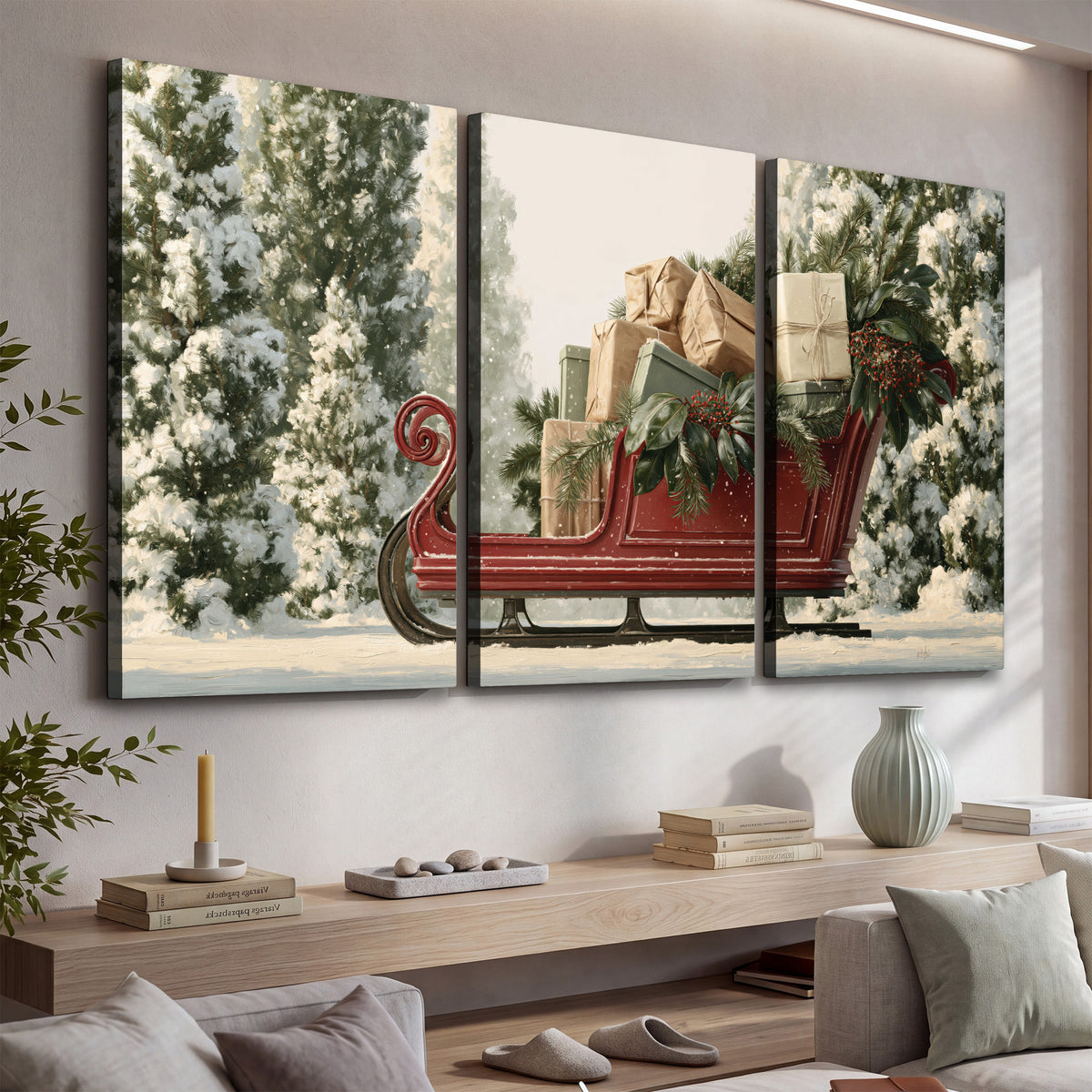 A red sleigh filled with wrapped gifts and evergreen branches among snowy fir trees 3 piece canvas wall art displayed in a console