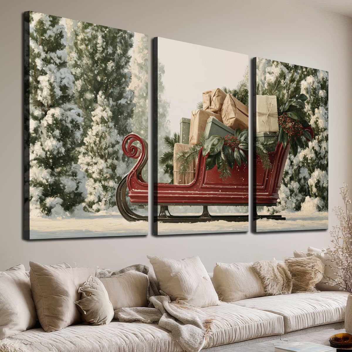 A red sleigh filled with wrapped gifts and evergreen branches among snowy fir trees 3 piece canvas wall art room and product view