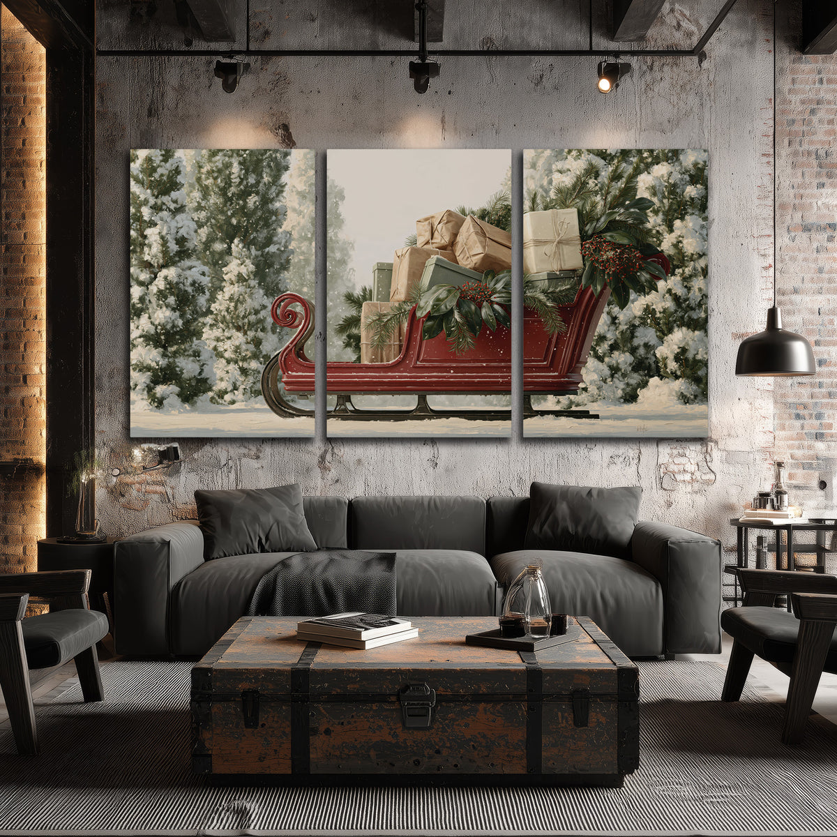 A red sleigh filled with wrapped gifts and evergreen branches among snowy fir trees 3 piece canvas wall art displayed in a industrial room