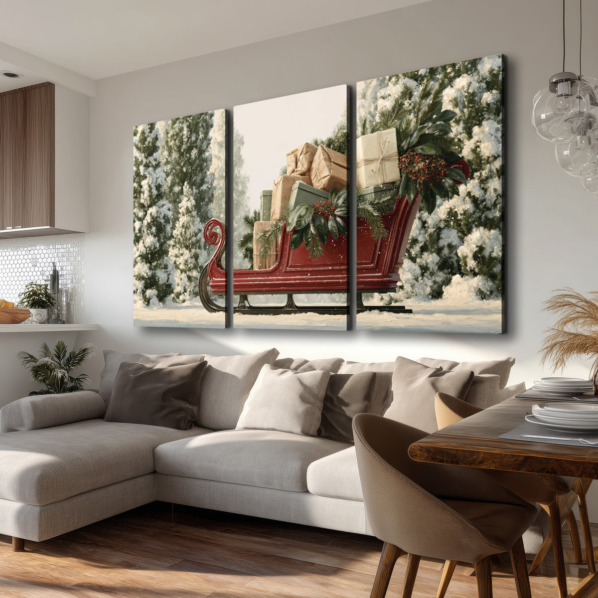 A red sleigh filled with wrapped gifts and evergreen branches among snowy fir trees 3 piece canvas wall art room and product view