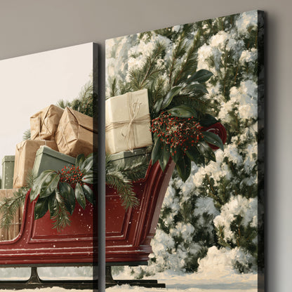 A red sleigh filled with wrapped gifts and evergreen branches among snowy fir trees 3 piece canvas wall art room and product view