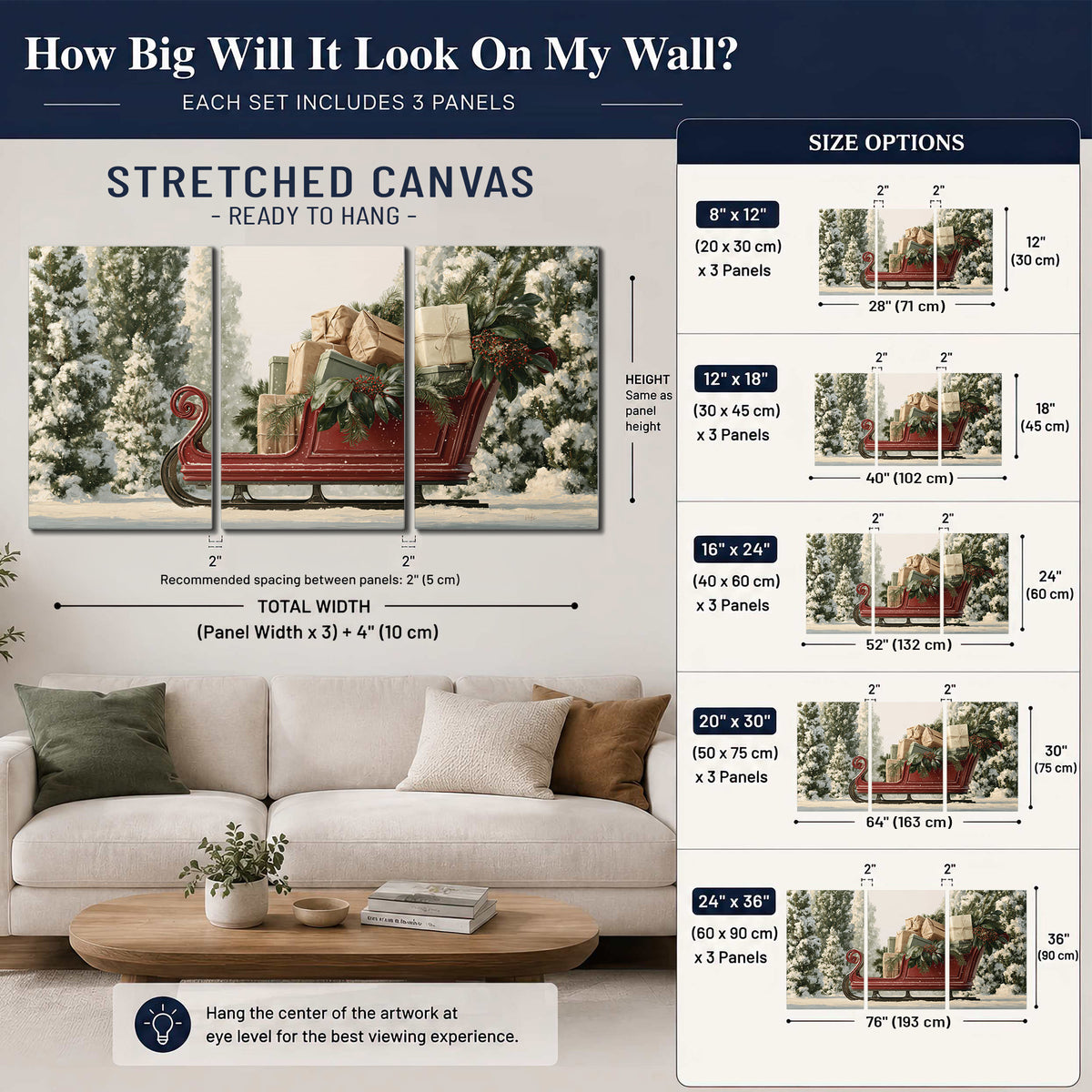A red sleigh filled with wrapped gifts and evergreen branches among snowy fir trees 3 piece canvas wall art size guide above a sofa; room view is illustrative