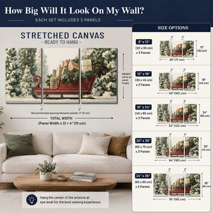 A red sleigh filled with wrapped gifts and evergreen branches among snowy fir trees 3 piece canvas wall art size guide above a sofa; room view is illustrative