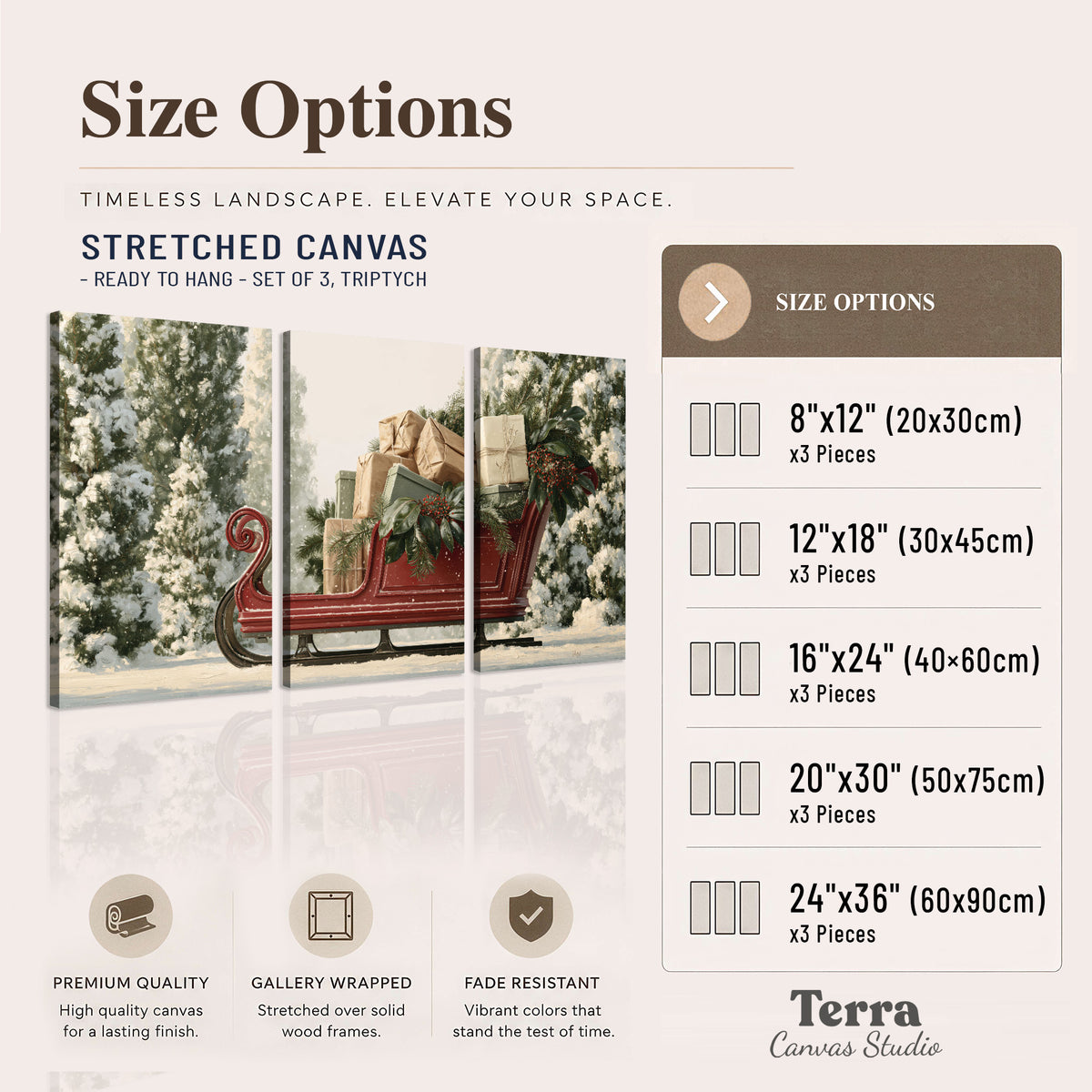 A red sleigh filled with wrapped gifts and evergreen branches among snowy fir trees 3 piece canvas wall art available dimensions; triptych dimensions are per panel