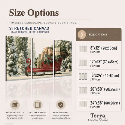 A red sleigh filled with wrapped gifts and evergreen branches among snowy fir trees 3 piece canvas wall art available dimensions; triptych dimensions are per panel
