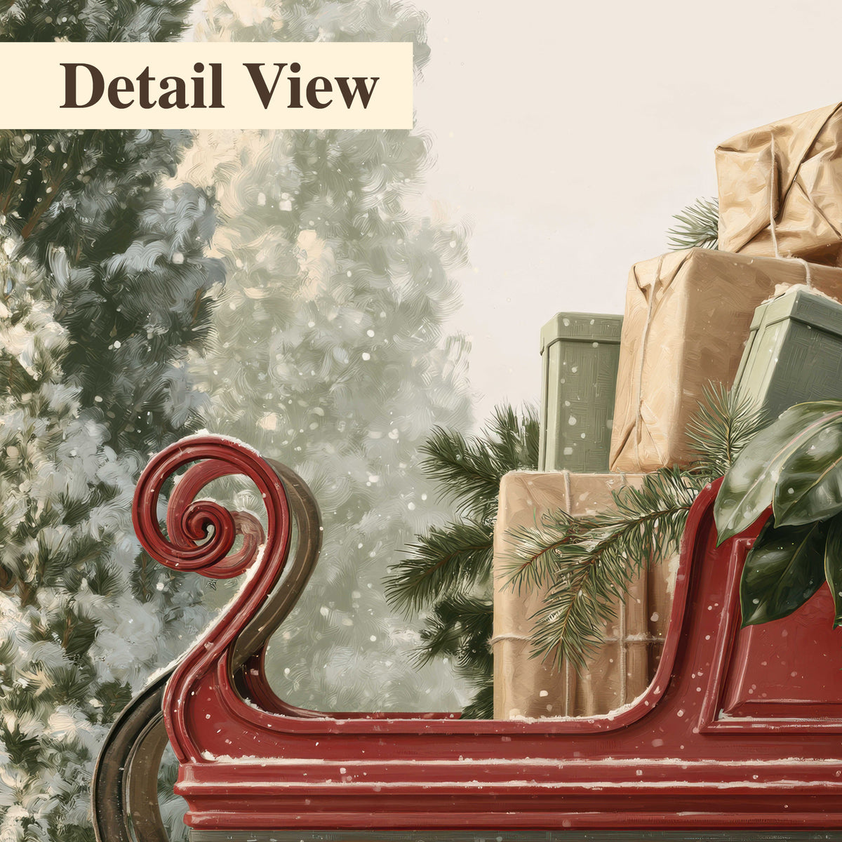 A red sleigh filled with wrapped gifts and evergreen branches among snowy fir trees 3 piece canvas wall art artwork detail close up
