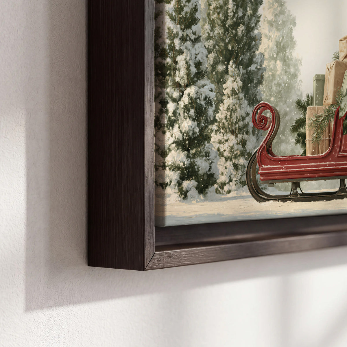 A red sleigh filled with wrapped gifts and evergreen branches among snowy fir trees 3 piece framed canvas wall art material and edge close up