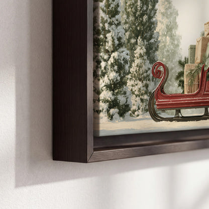 A red sleigh filled with wrapped gifts and evergreen branches among snowy fir trees 3 piece framed canvas wall art material and edge close up