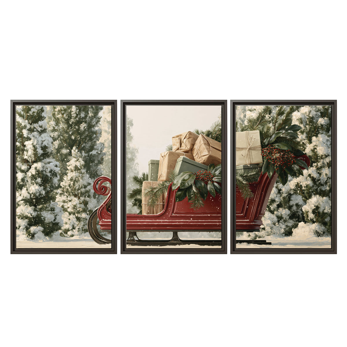 A red sleigh filled with wrapped gifts and evergreen branches among snowy fir trees 3 piece framed canvas wall art viewed straight on