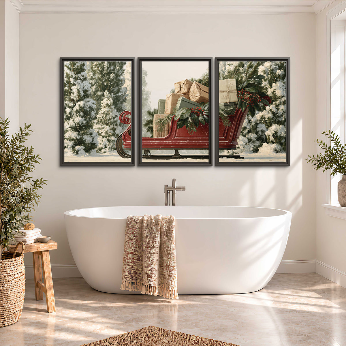 A red sleigh filled with wrapped gifts and evergreen branches among snowy fir trees 3 piece framed canvas wall art styled in an interior