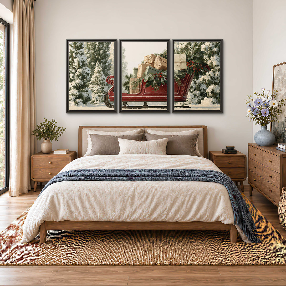 A red sleigh filled with wrapped gifts and evergreen branches among snowy fir trees 3 piece framed canvas wall art styled in an interior