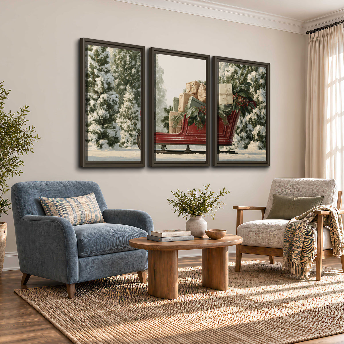 A red sleigh filled with wrapped gifts and evergreen branches among snowy fir trees 3 piece framed canvas wall art styled in an interior