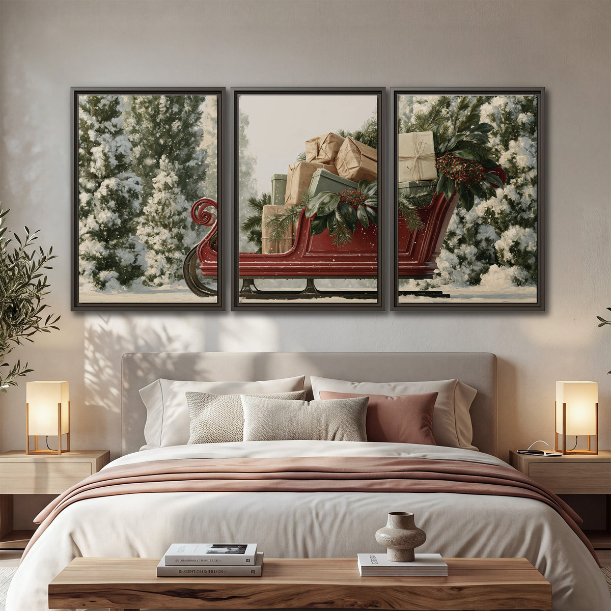 A red sleigh filled with wrapped gifts and evergreen branches among snowy fir trees 3 piece framed canvas wall art displayed in a bedroom