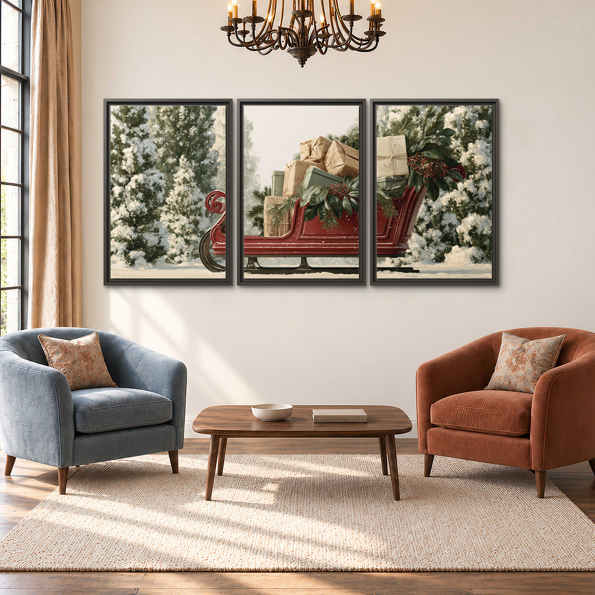 A red sleigh filled with wrapped gifts and evergreen branches among snowy fir trees 3 piece framed canvas wall art styled in an interior