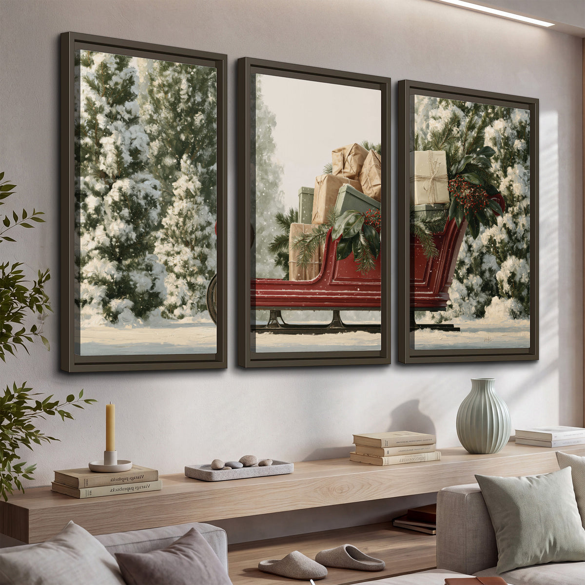 A red sleigh filled with wrapped gifts and evergreen branches among snowy fir trees 3 piece framed canvas wall art displayed in a console