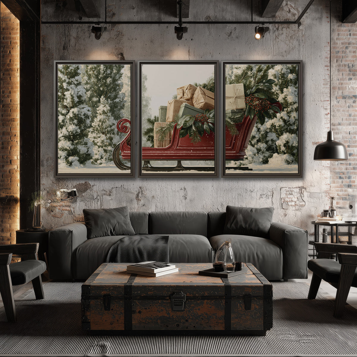 A red sleigh filled with wrapped gifts and evergreen branches among snowy fir trees 3 piece framed canvas wall art displayed in a industrial room