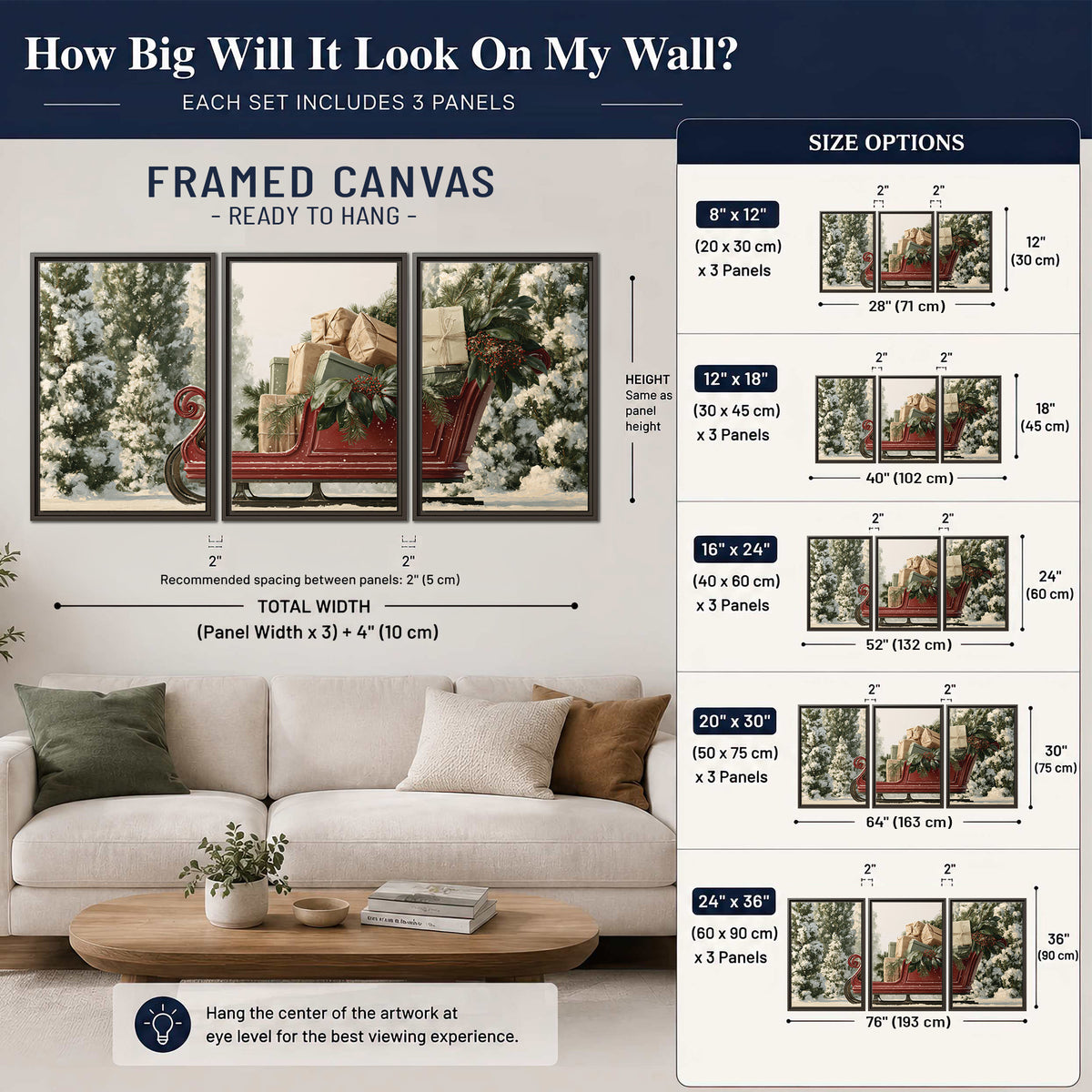 A red sleigh filled with wrapped gifts and evergreen branches among snowy fir trees 3 piece framed canvas wall art size guide above a sofa; room view is illustrative
