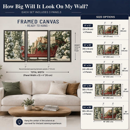 A red sleigh filled with wrapped gifts and evergreen branches among snowy fir trees 3 piece framed canvas wall art size guide above a sofa; room view is illustrative