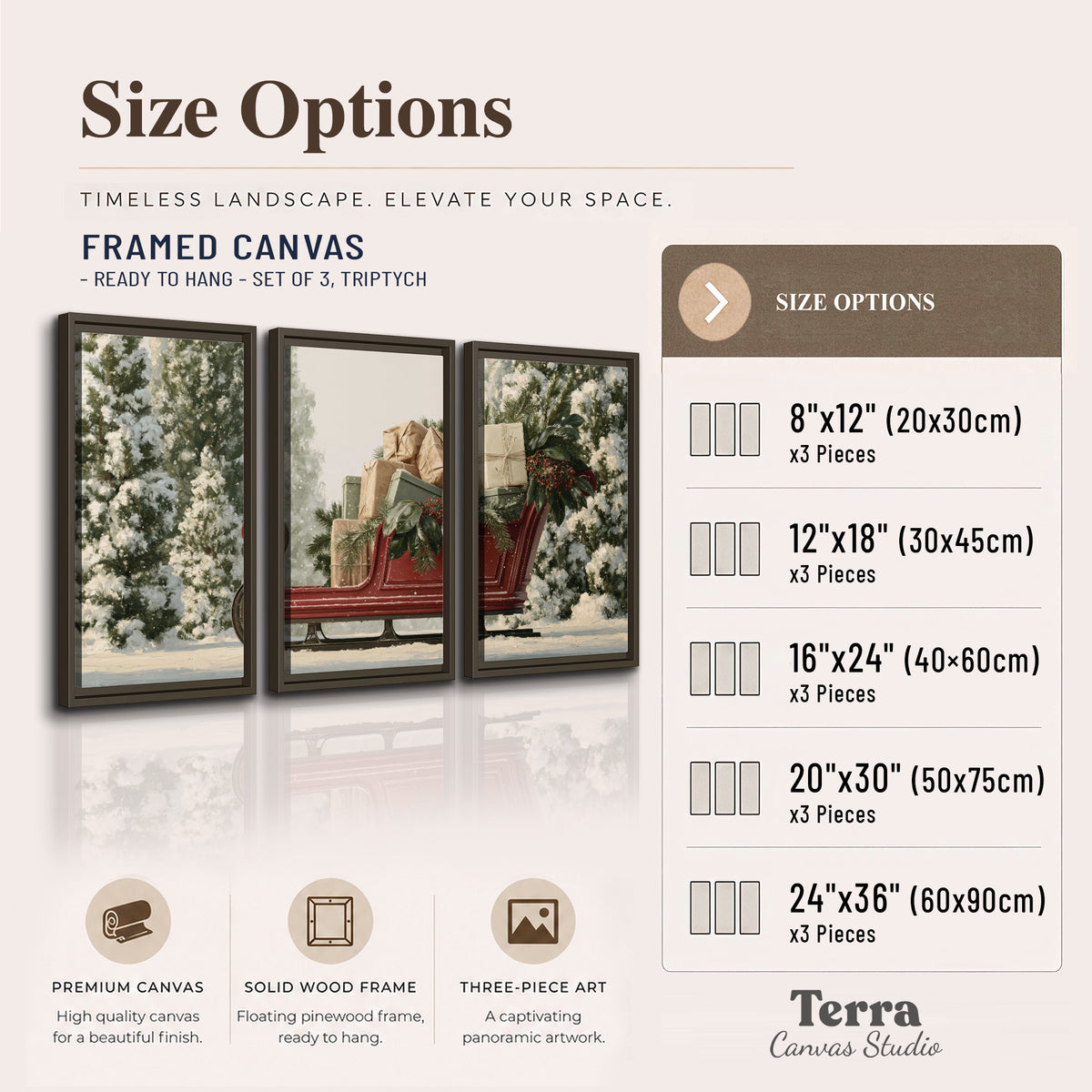 A red sleigh filled with wrapped gifts and evergreen branches among snowy fir trees 3 piece framed canvas wall art available dimensions; triptych dimensions are per panel