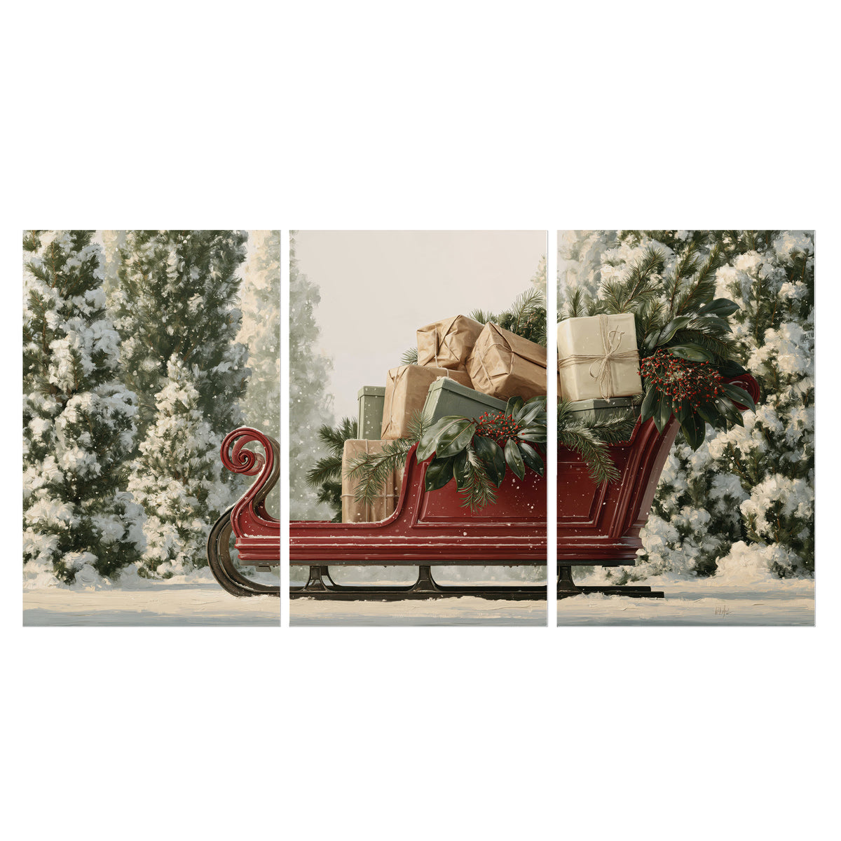 A red sleigh filled with wrapped gifts and evergreen branches among snowy fir trees set of 3 poster prints viewed straight on