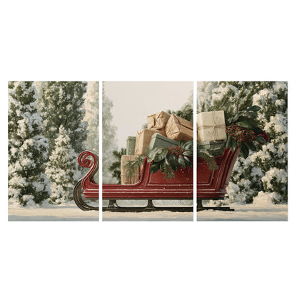 A red sleigh filled with wrapped gifts and evergreen branches among snowy fir trees set of 3 poster prints viewed straight on