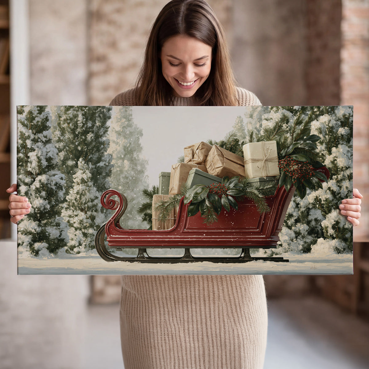 A red sleigh filled with wrapped gifts and evergreen branches among snowy fir trees single canvas wall art held in hands