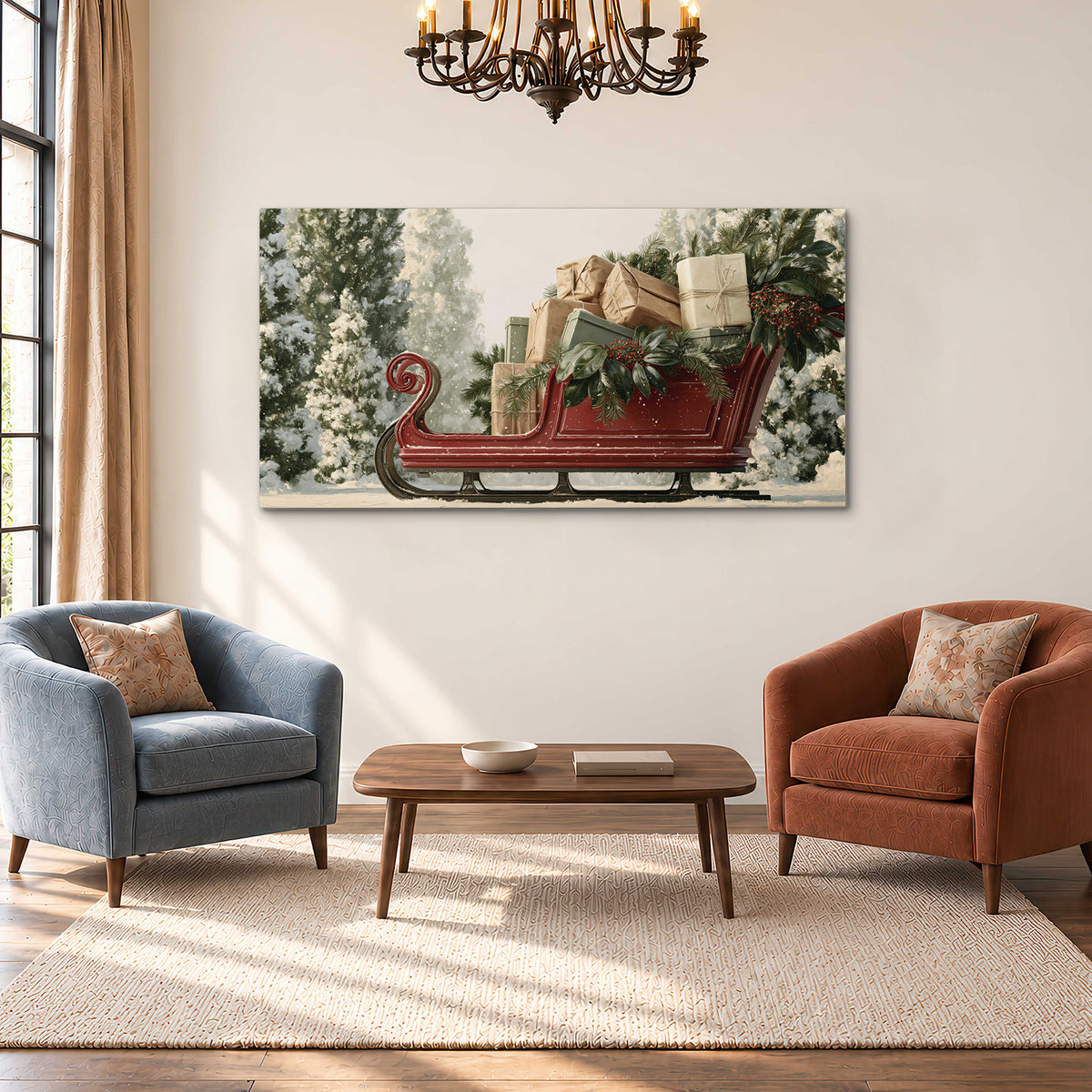 A red sleigh filled with wrapped gifts and evergreen branches among snowy fir trees single canvas wall art styled in an interior