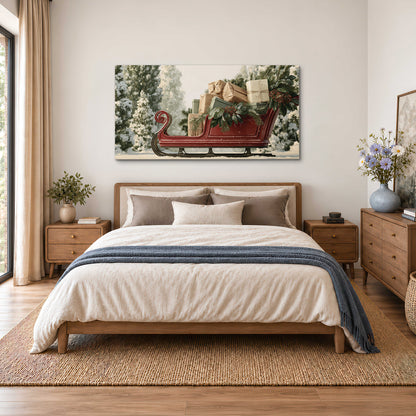 A red sleigh filled with wrapped gifts and evergreen branches among snowy fir trees single canvas wall art styled in an interior