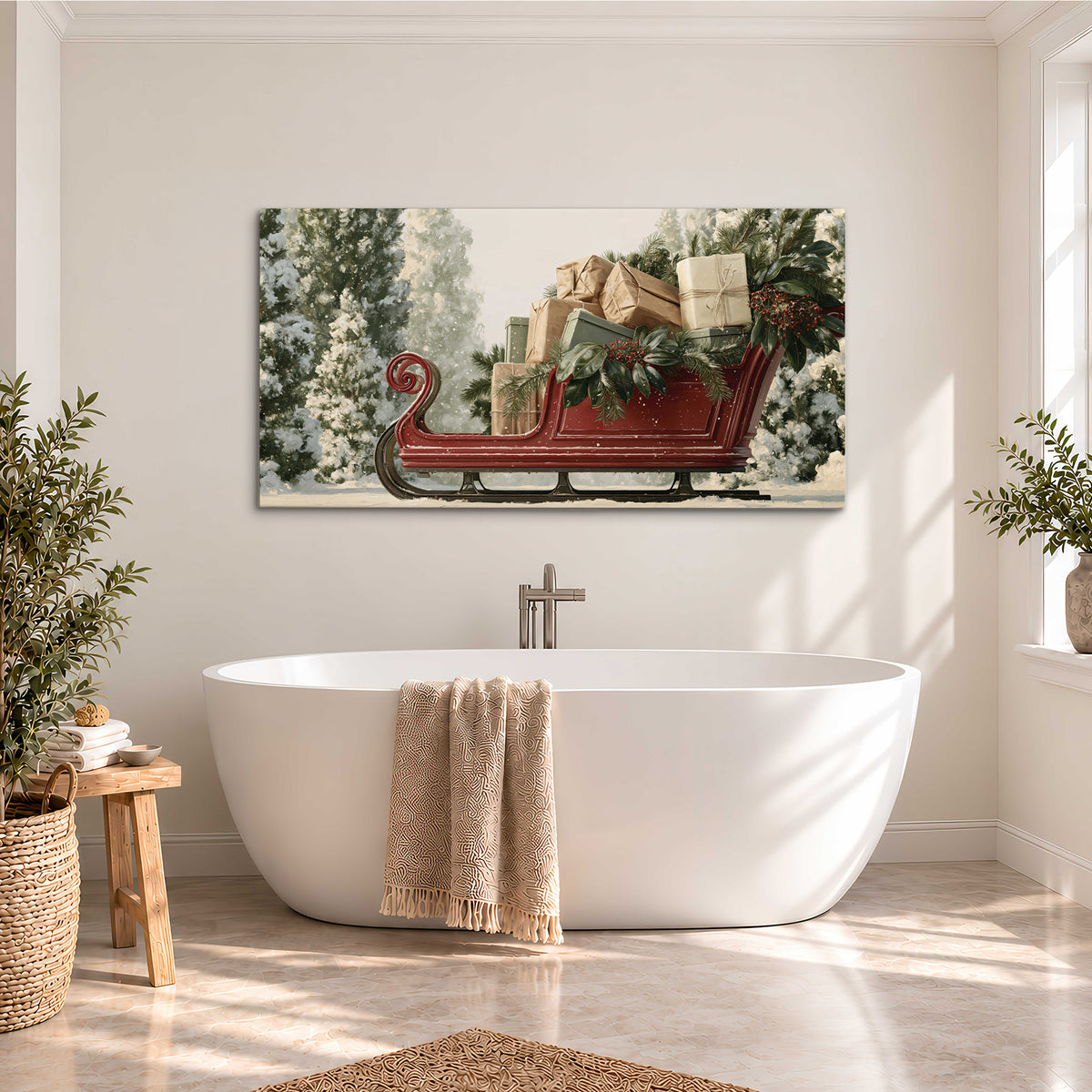 A red sleigh filled with wrapped gifts and evergreen branches among snowy fir trees single canvas wall art styled in an interior