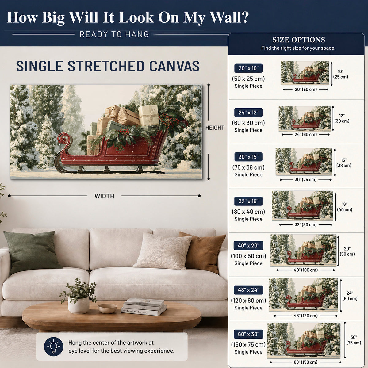 A red sleigh filled with wrapped gifts and evergreen branches among snowy fir trees single canvas wall art size guide above a sofa; room view is illustrative