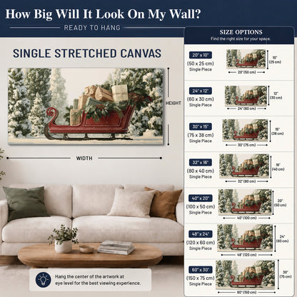 A red sleigh filled with wrapped gifts and evergreen branches among snowy fir trees single canvas wall art size guide above a sofa; room view is illustrative