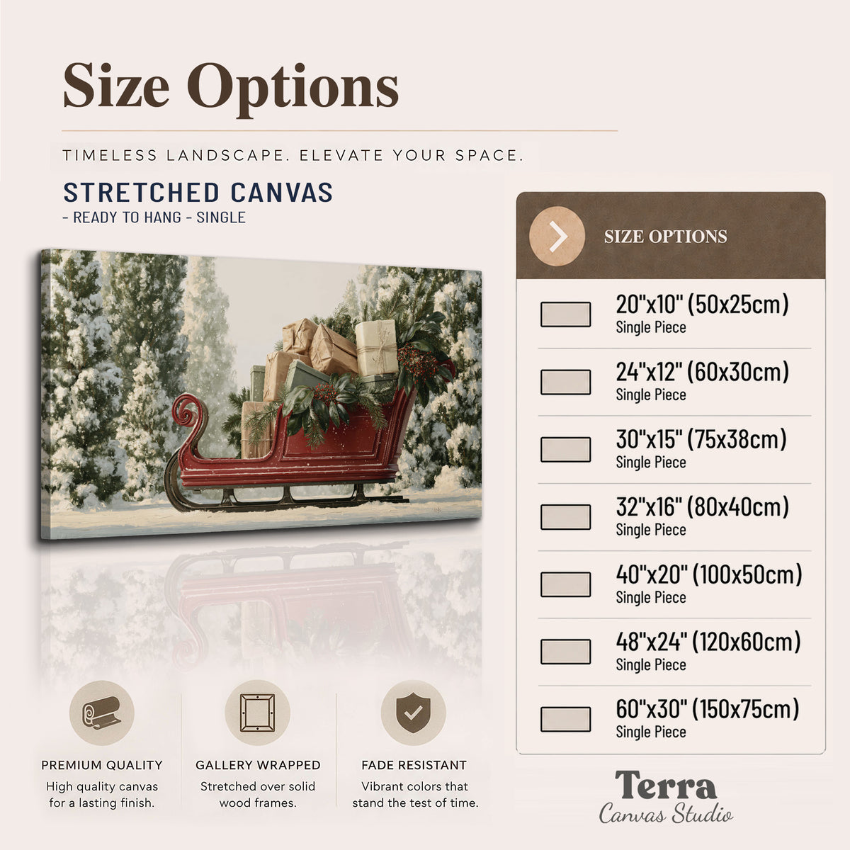 A red sleigh filled with wrapped gifts and evergreen branches among snowy fir trees single canvas wall art available dimensions