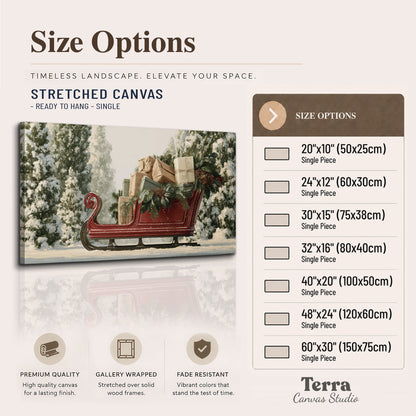 A red sleigh filled with wrapped gifts and evergreen branches among snowy fir trees single canvas wall art available dimensions
