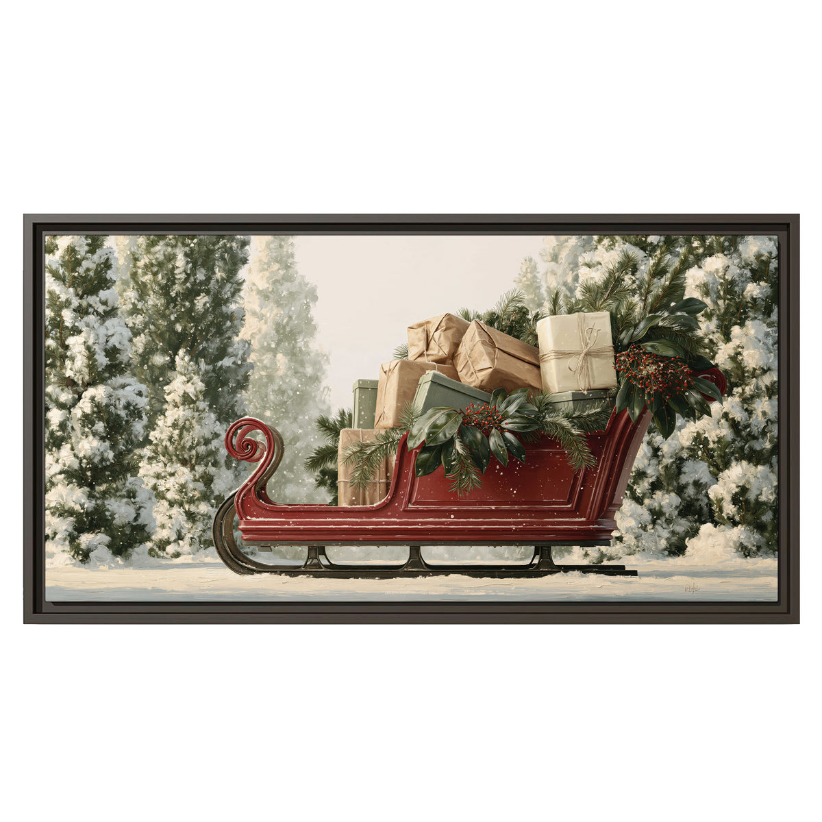 A red sleigh filled with wrapped gifts and evergreen branches among snowy fir trees single framed canvas wall art viewed straight on