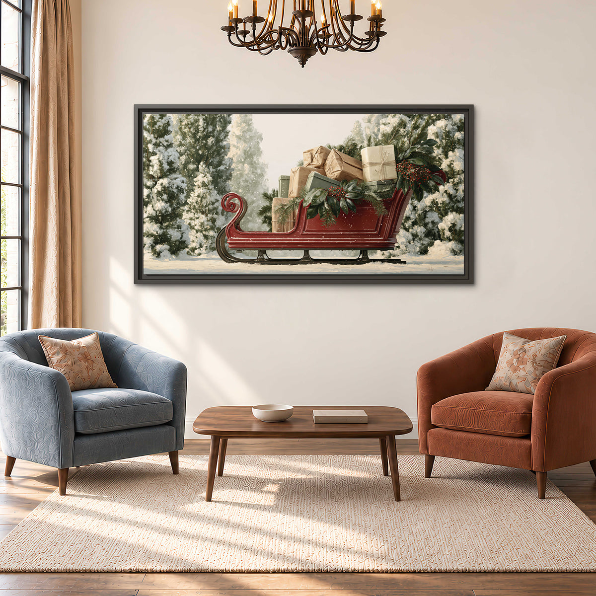 A red sleigh filled with wrapped gifts and evergreen branches among snowy fir trees single framed canvas wall art styled in an interior