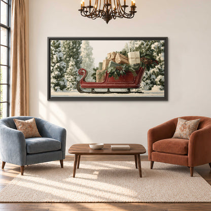 A red sleigh filled with wrapped gifts and evergreen branches among snowy fir trees single framed canvas wall art styled in an interior