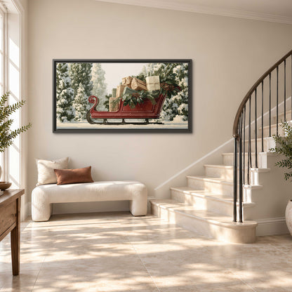 A red sleigh filled with wrapped gifts and evergreen branches among snowy fir trees single framed canvas wall art styled in an interior