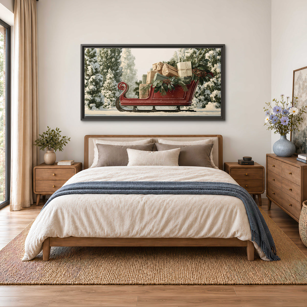 A red sleigh filled with wrapped gifts and evergreen branches among snowy fir trees single framed canvas wall art styled in an interior