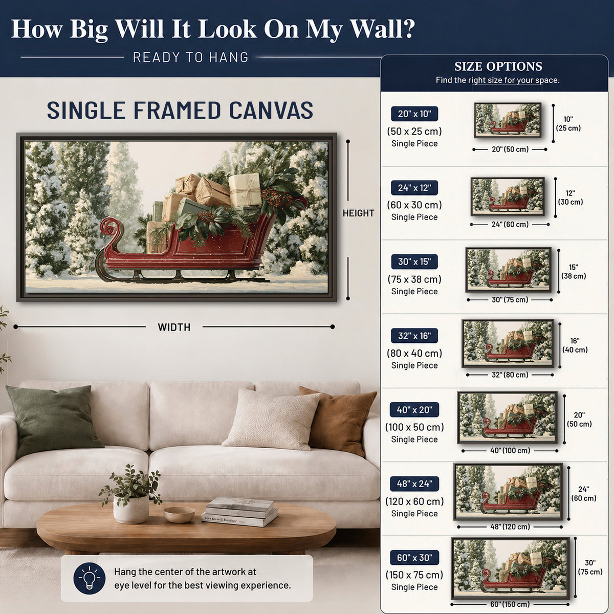 A red sleigh filled with wrapped gifts and evergreen branches among snowy fir trees single framed canvas wall art size guide above a sofa; room view is illustrative