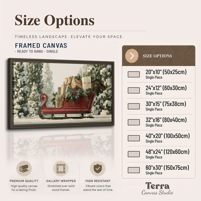 A red sleigh filled with wrapped gifts and evergreen branches among snowy fir trees single framed canvas wall art available dimensions