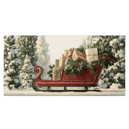 A red sleigh filled with wrapped gifts and evergreen branches among snowy fir trees single poster print viewed straight on