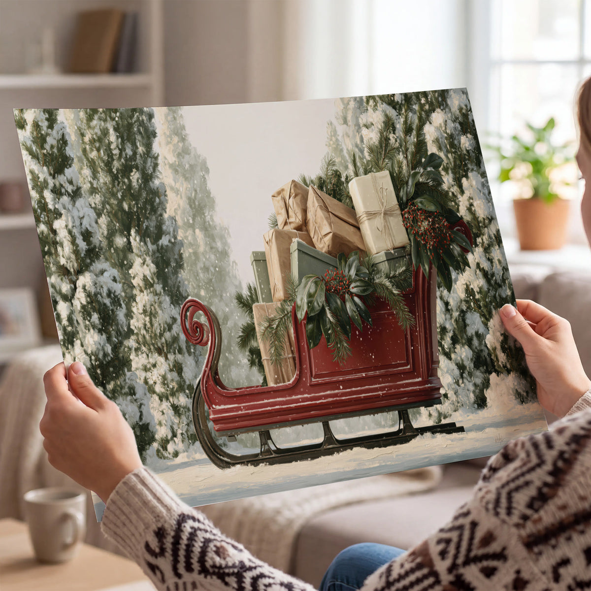 A red sleigh filled with wrapped gifts and evergreen branches among snowy fir trees single poster print held in hands