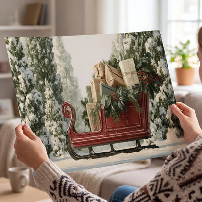 A red sleigh filled with wrapped gifts and evergreen branches among snowy fir trees single poster print held in hands
