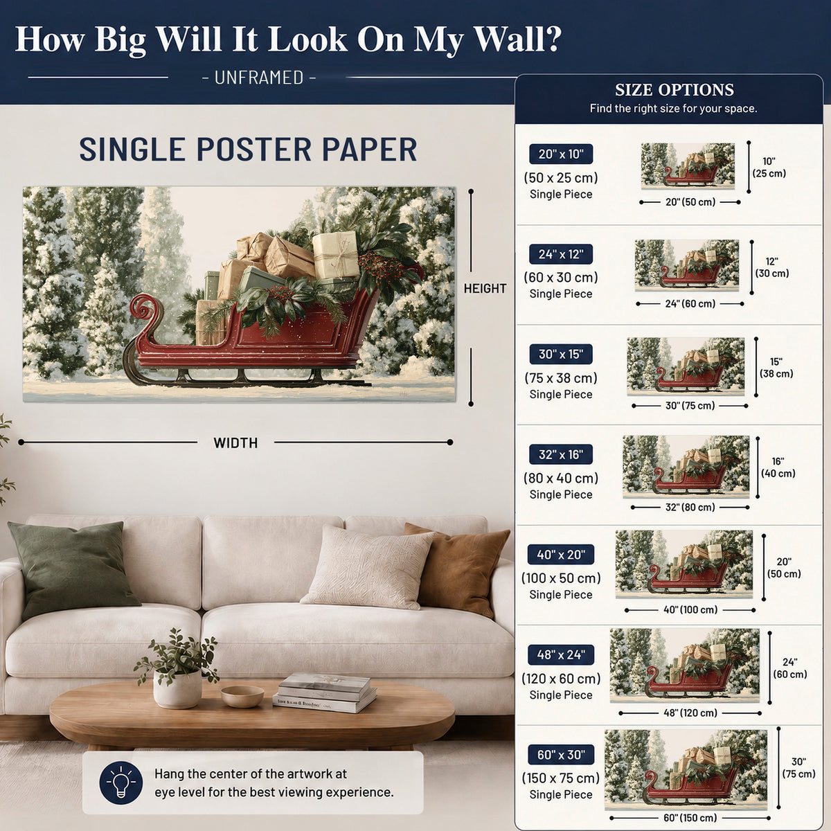 A red sleigh filled with wrapped gifts and evergreen branches among snowy fir trees single poster print size guide above a sofa; room view is illustrative
