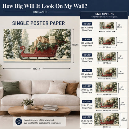 A red sleigh filled with wrapped gifts and evergreen branches among snowy fir trees single poster print size guide above a sofa; room view is illustrative