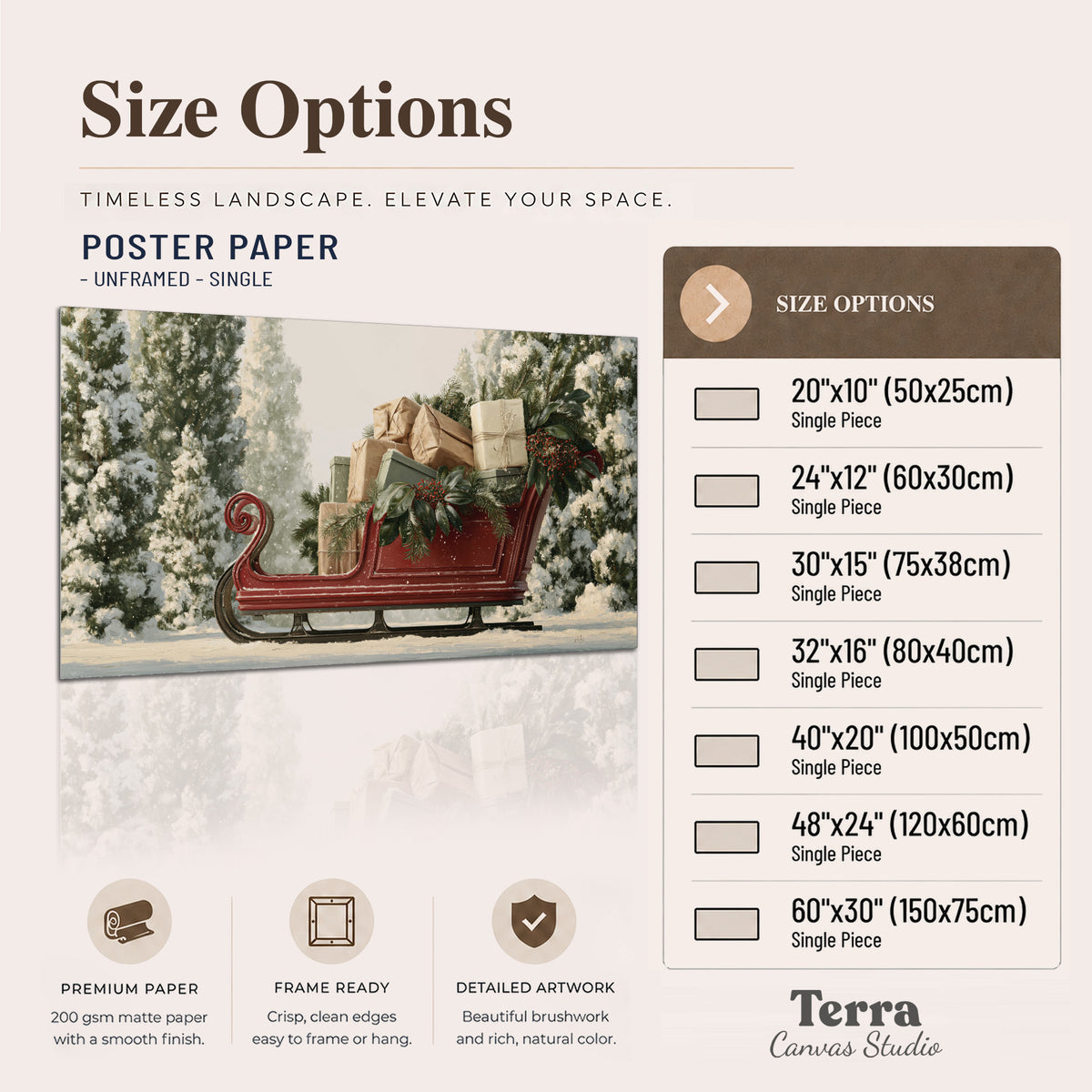A red sleigh filled with wrapped gifts and evergreen branches among snowy fir trees single poster print available dimensions